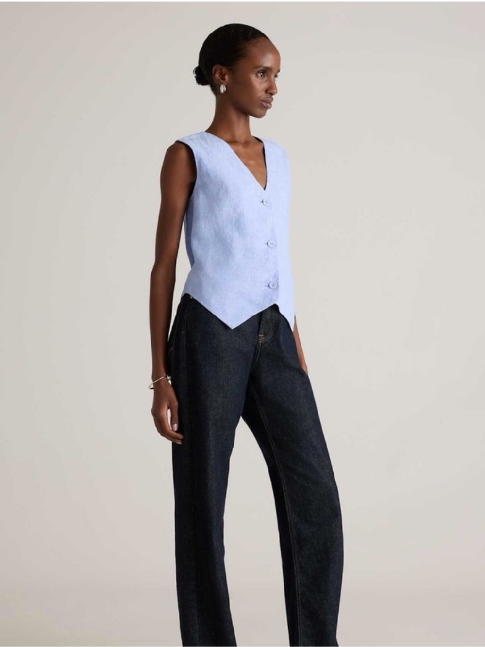 Quince Light Blue Linen  V-Neck Button Vest